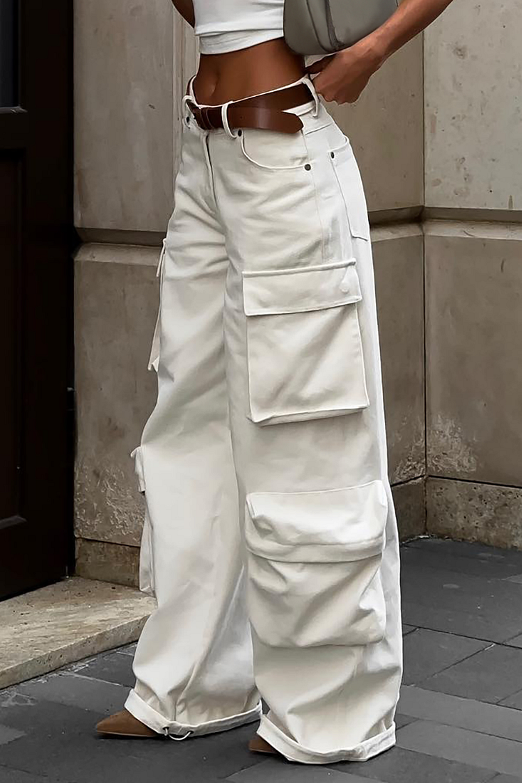 Wide Leg Oversized Pockets Solid Color Low-Rise Cargo Pants-White