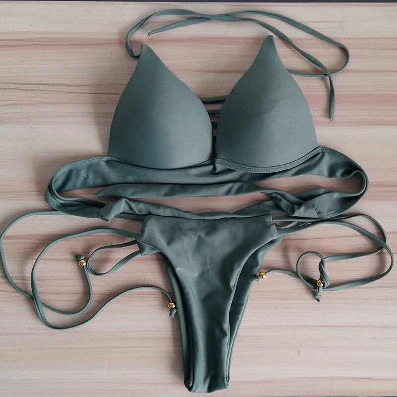 2018 New Swimming Bikini Set Women Swimsuit Bandage Split Swimwear Beach Two Piece Bathing Suit solid color bikinis