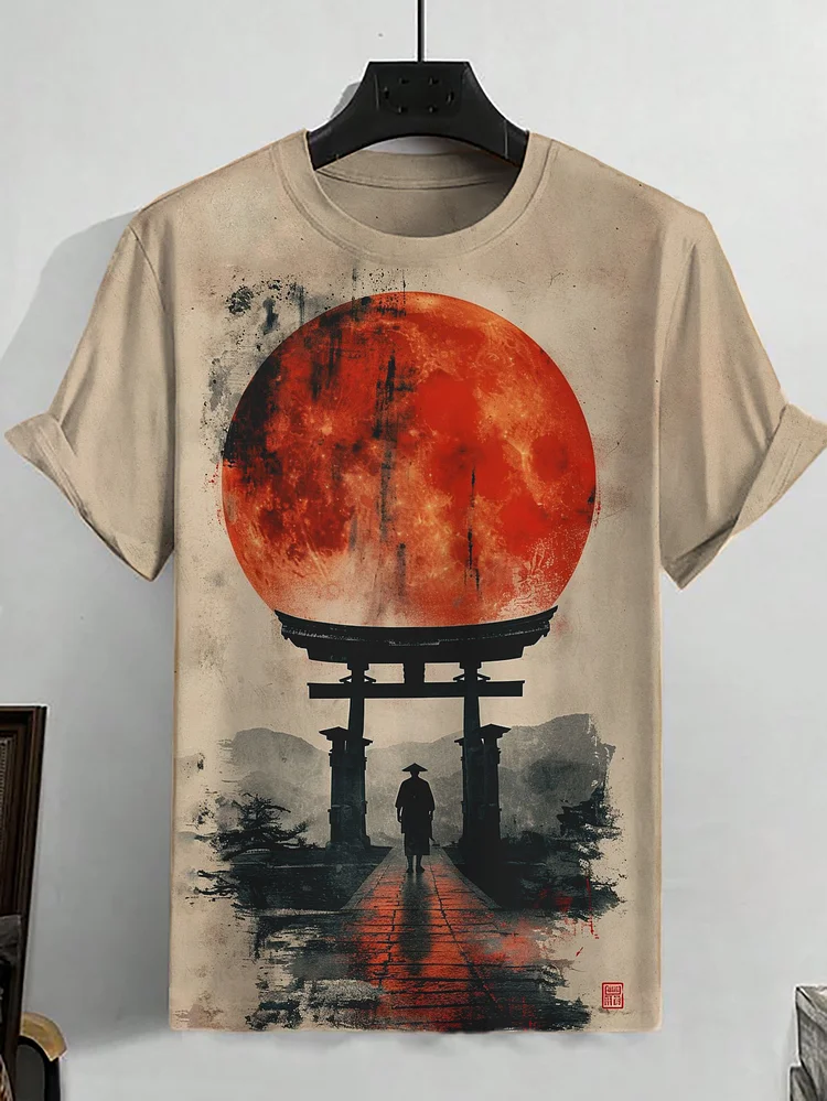 Men's Casual Red Full Moon Samurai Japanese Art Print T-Shirt