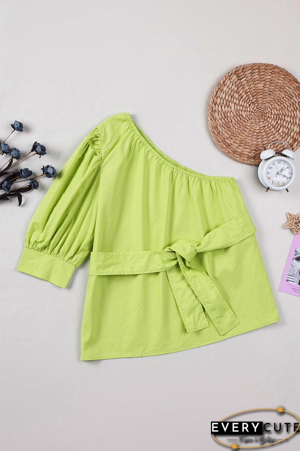 Lace-up Puff Sleeve One Shoulder Blouse