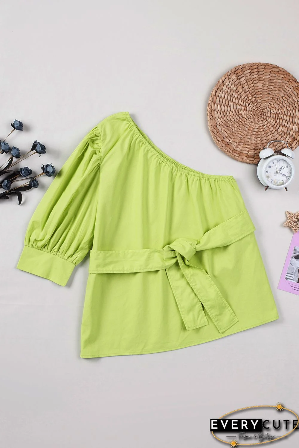 Lace-up Puff Sleeve One Shoulder Blouse