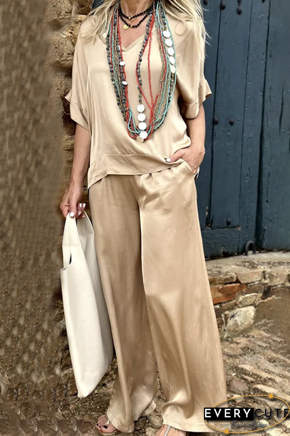 Elegant Solid Slit V Neck Short Sleeve Two Pieces