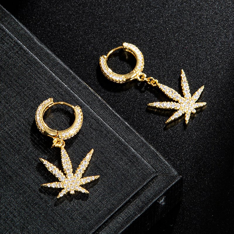 Hip Hop Iced Zircon Maple Leaf CZ Stone Earrings For Men Women Jewelry-VESSFUL