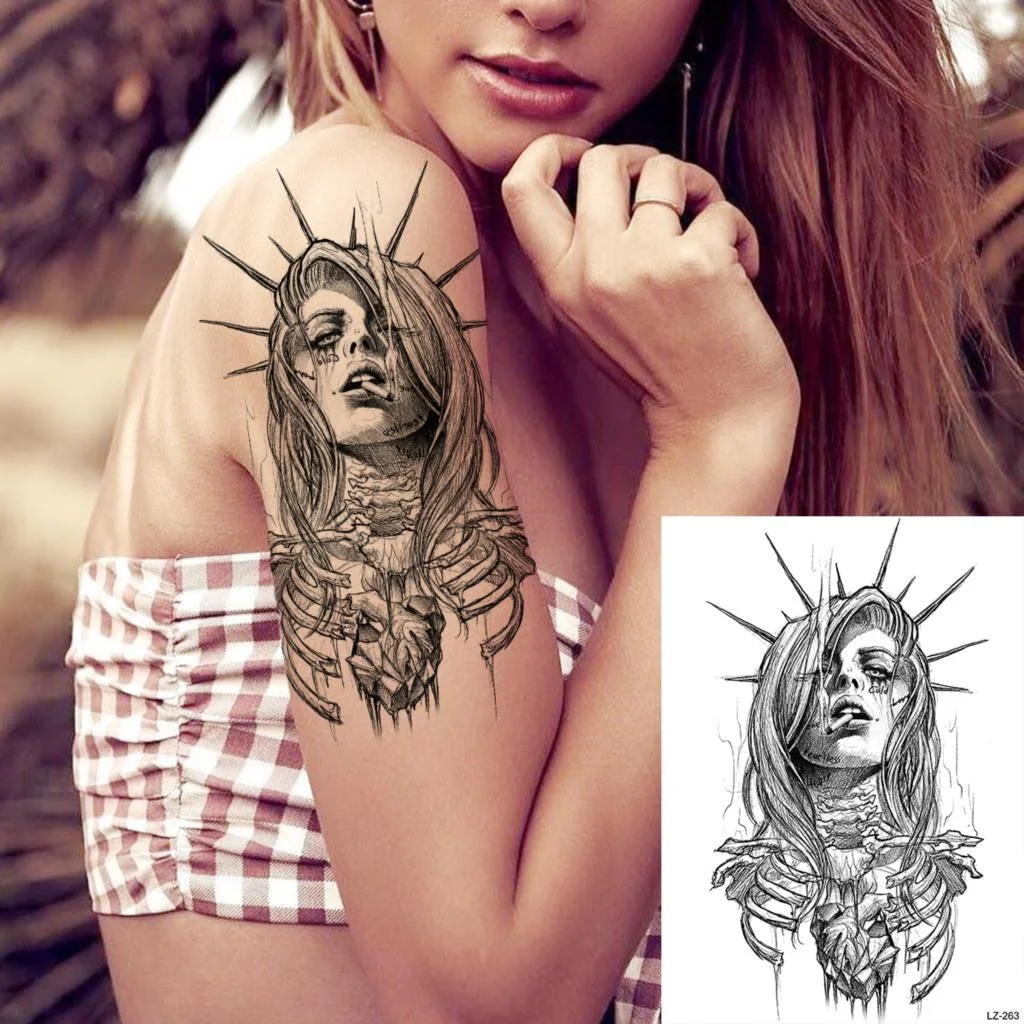 Sdrawing Large Rose FLower Temporary Tattoos For Women Adults Henna Skull Compass Snake Flower Fake Tattoo Sticker Leg Tatoos Thigh