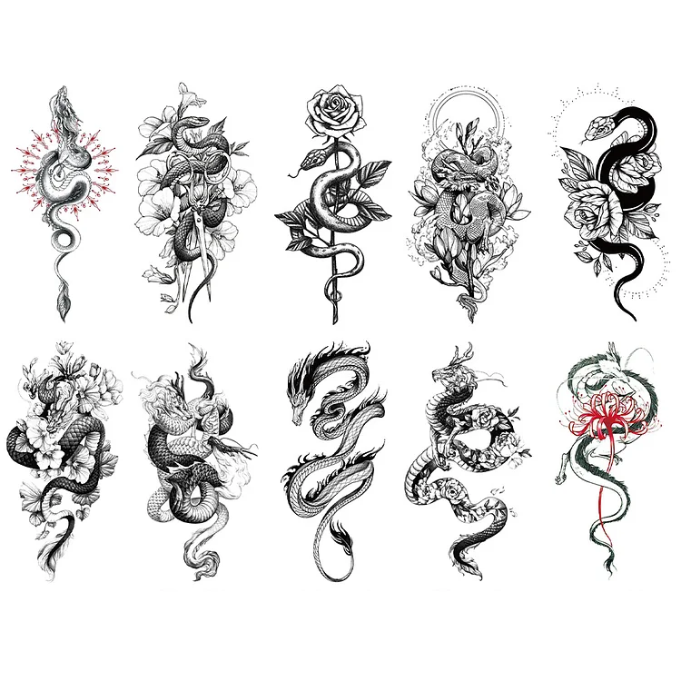10 Sheets Snake Dragon Flower Waterproof Half Arm Temporary Tattoo