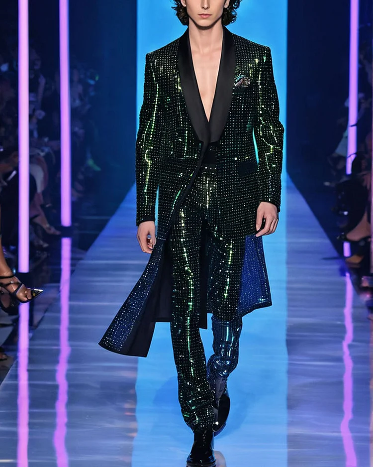 Men's Fashionable Shiny Rhinestone Coat and Pants Two-Piece Set