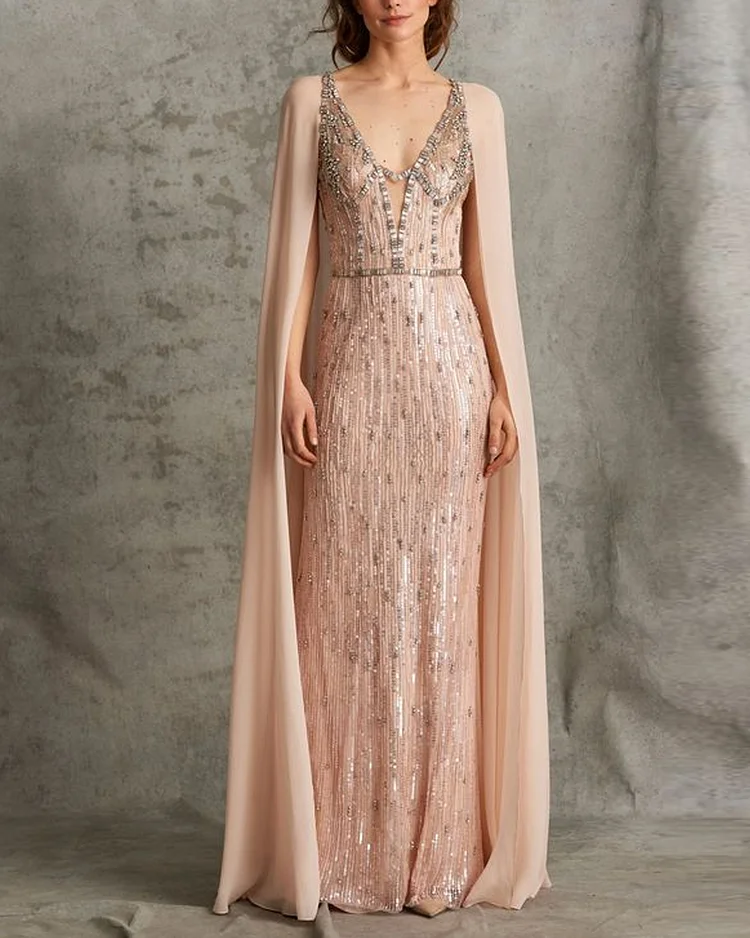 Helenium Embellished Cape Gown