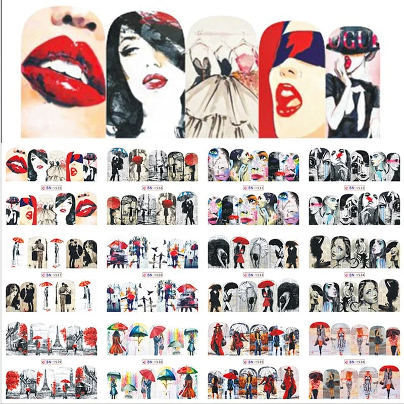 Nail Stickers Water Transfer Ballet And Love Abstract Art Designs 12Pcs/Set Nail Decal Decoration Tips For Beauty Salons-Nail Inspo