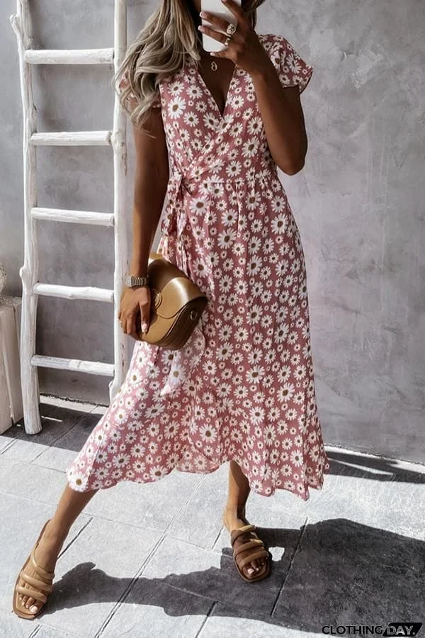 Floral V-neck Wrapped Midi Dress