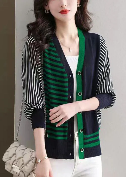 Navy Cozy Patchwork Knit Cardigans Striped Long Sleeve