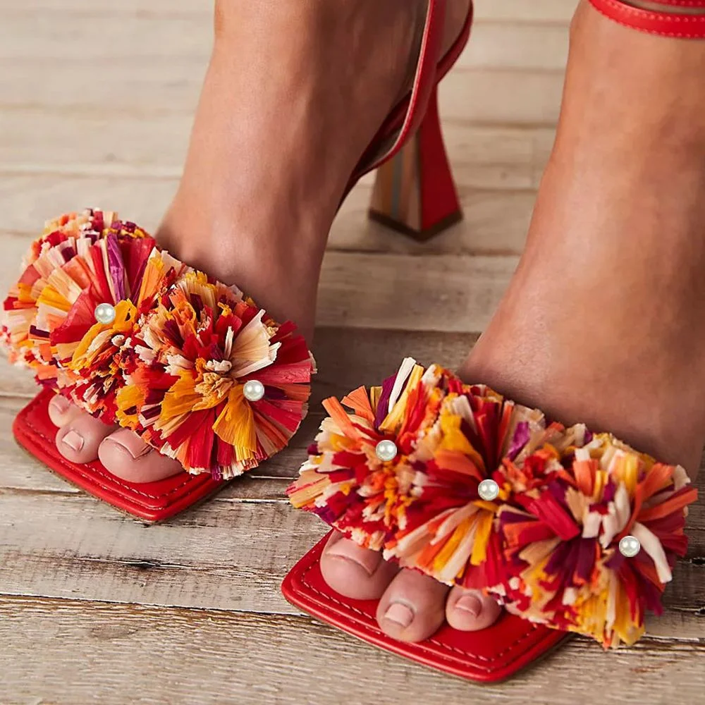 Red Sandals Square Toe Flared Heels With Pom-pom Nicepairs