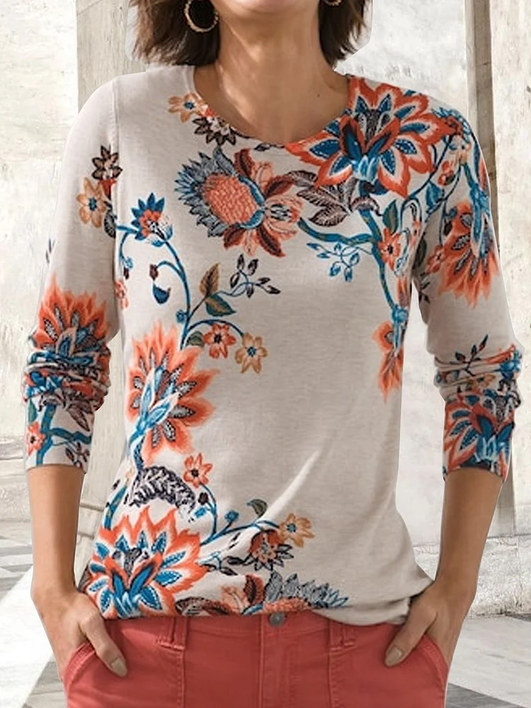 Flower Print Pullover T-Shirt Plus Size