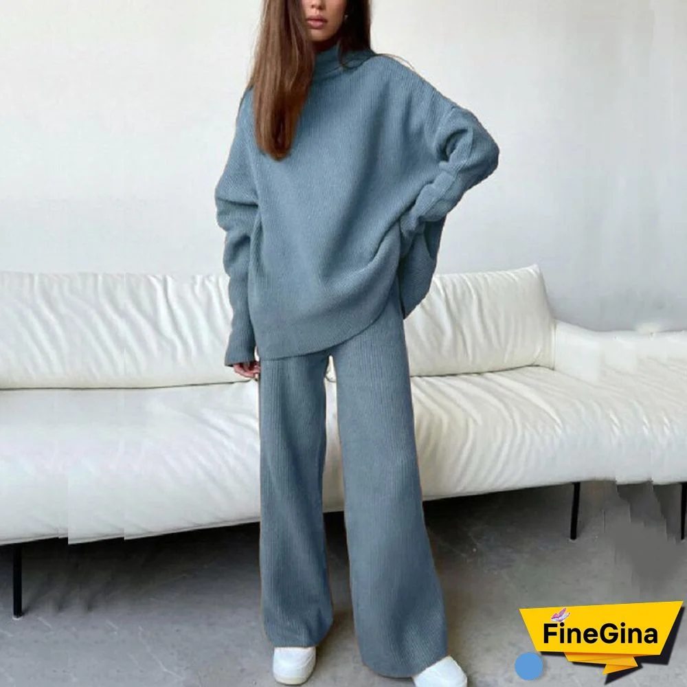 Fashion High Street Knitted Tracksuit Outfits Elegant Retro Plaid Long Sleeve Turtleneck Tops + Wide Leg Pants Women 2 Piece Set