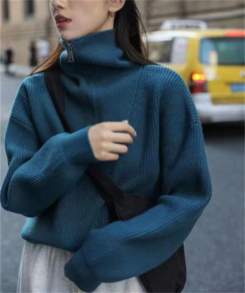 Women's Two Wear Half Zip Large Lapel Soft Waxy Sweater