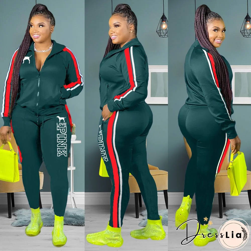 Plus Size Zipper Jacket Tops Sporty Pants Two Piece Set
