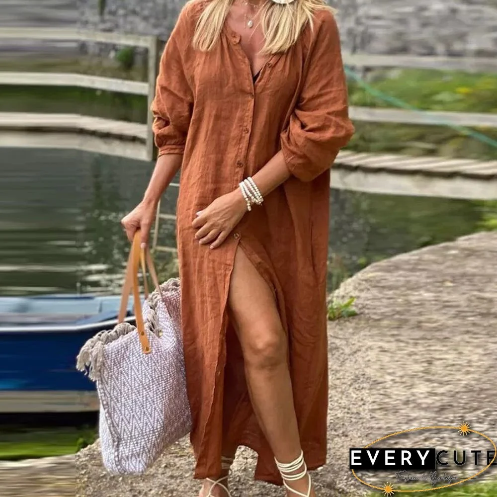 Solid Color Casual V Neck Half Sleeve Shirt Dress Women Summer Fashion Single Breasted Dress Ladies Simple Loose Office Dresses