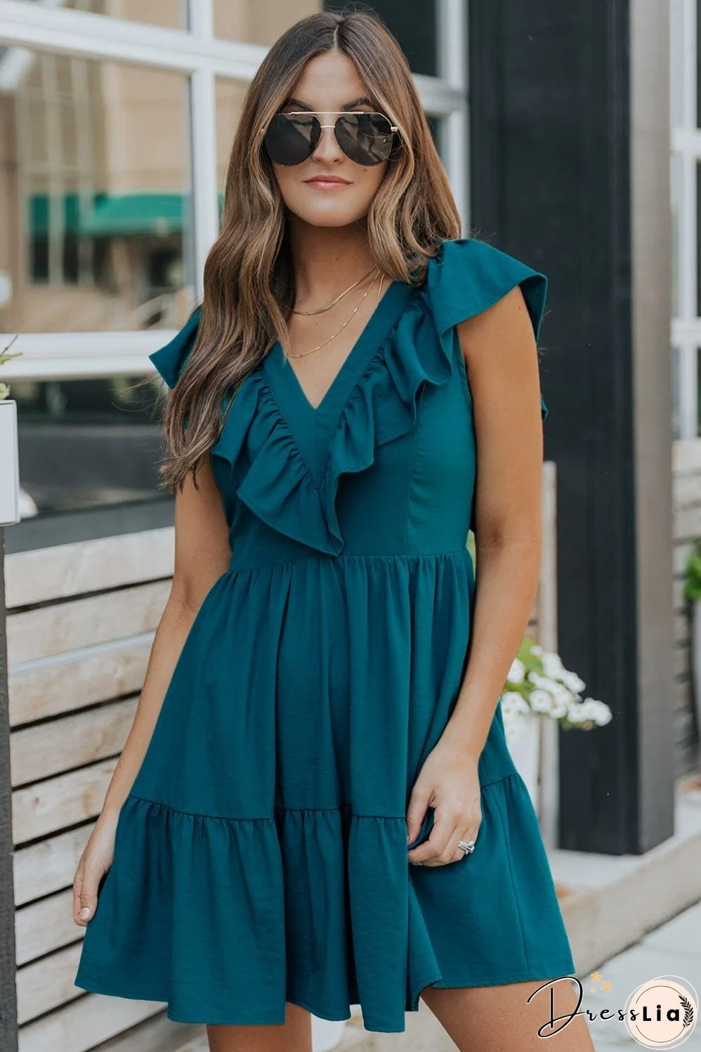 Blue V-Neck Tiered Ruffle Mini Dress with Smocked Back