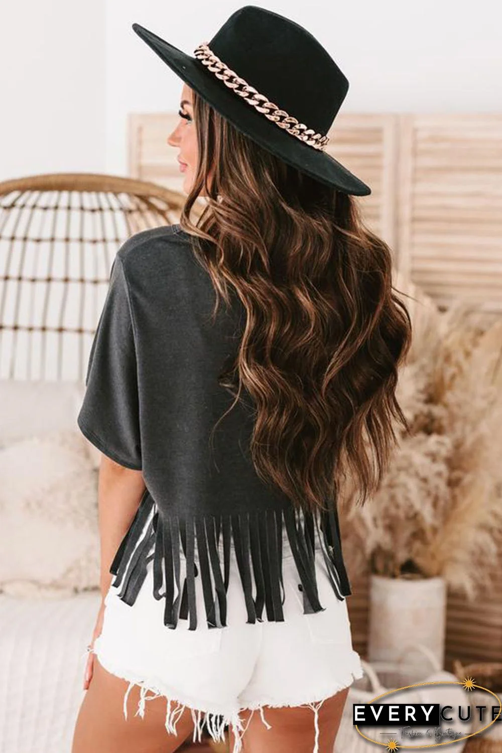 Black Nashville Guitar Slogan Print Fringed V Neck Graphic Tee