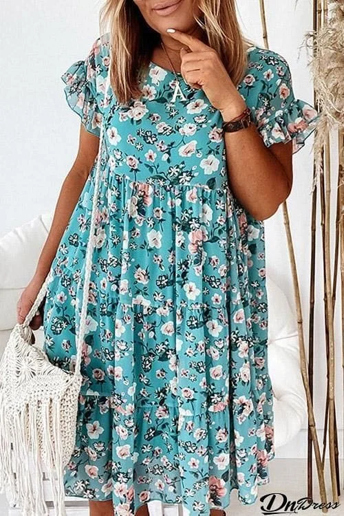 Floral Print Ruffles Midi Dress