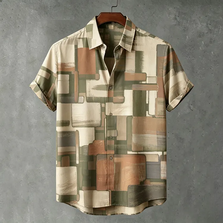 Men's Retro Geometric Abstract Art Print Linen Blend Shirt