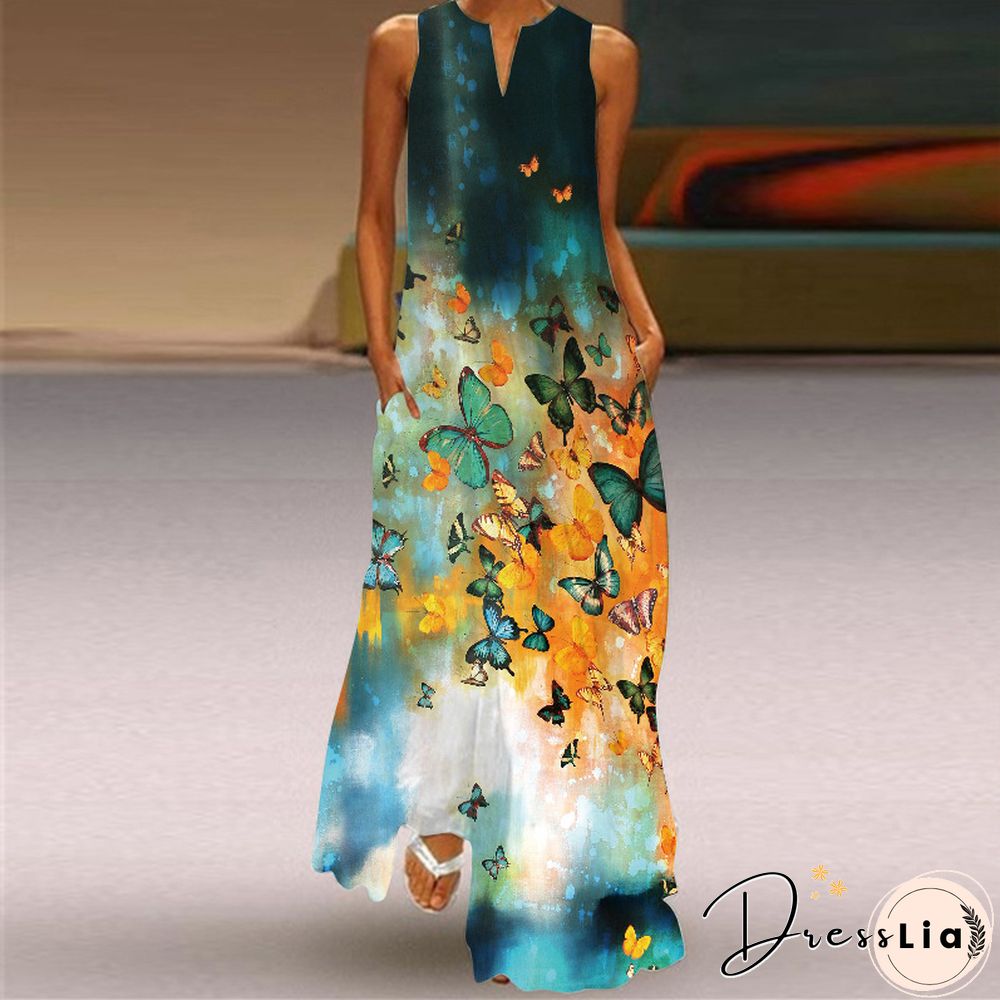 New Fashion Print Summer Dress Casual Sexy Boho Beach Women Party V-neck Sleeveless Pocket