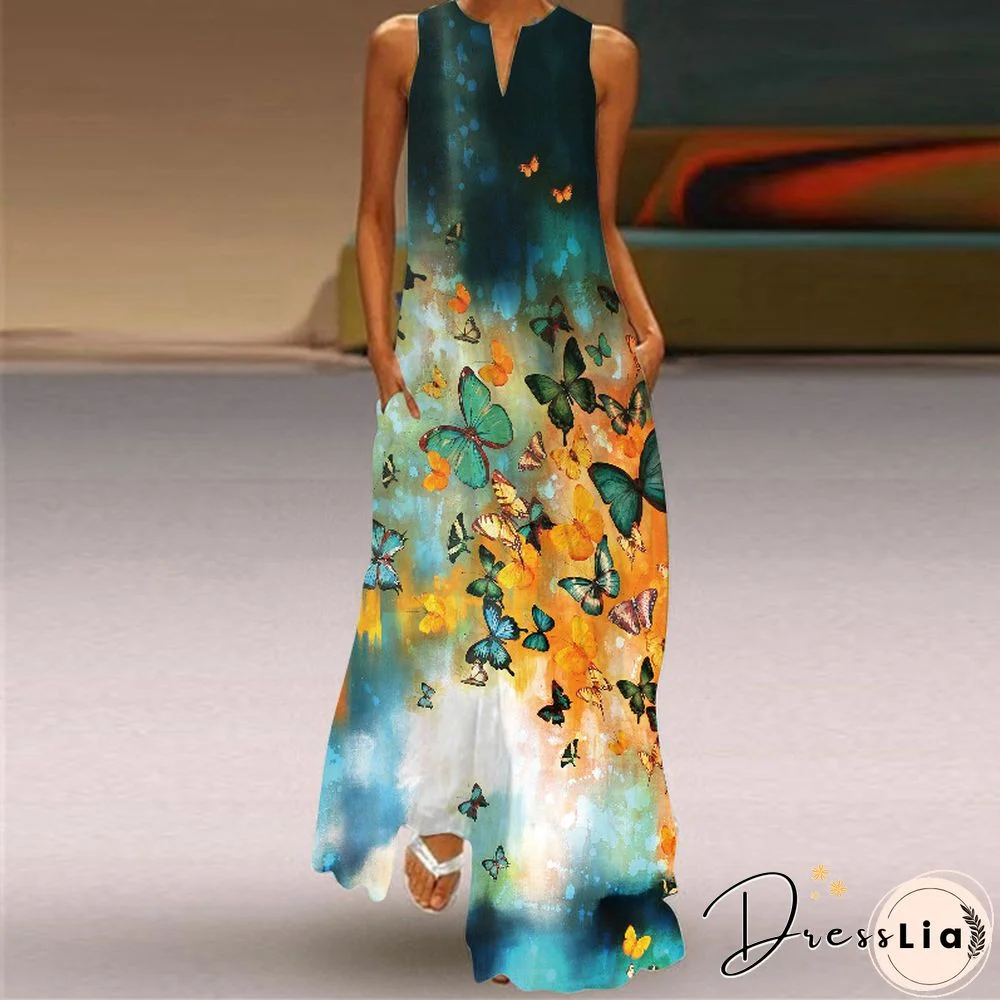 New Print Summer Dress Casual Sexy Dresses Women Butterfly Flower Party V-neck Sleeveless Long 5XL Maxi Dress