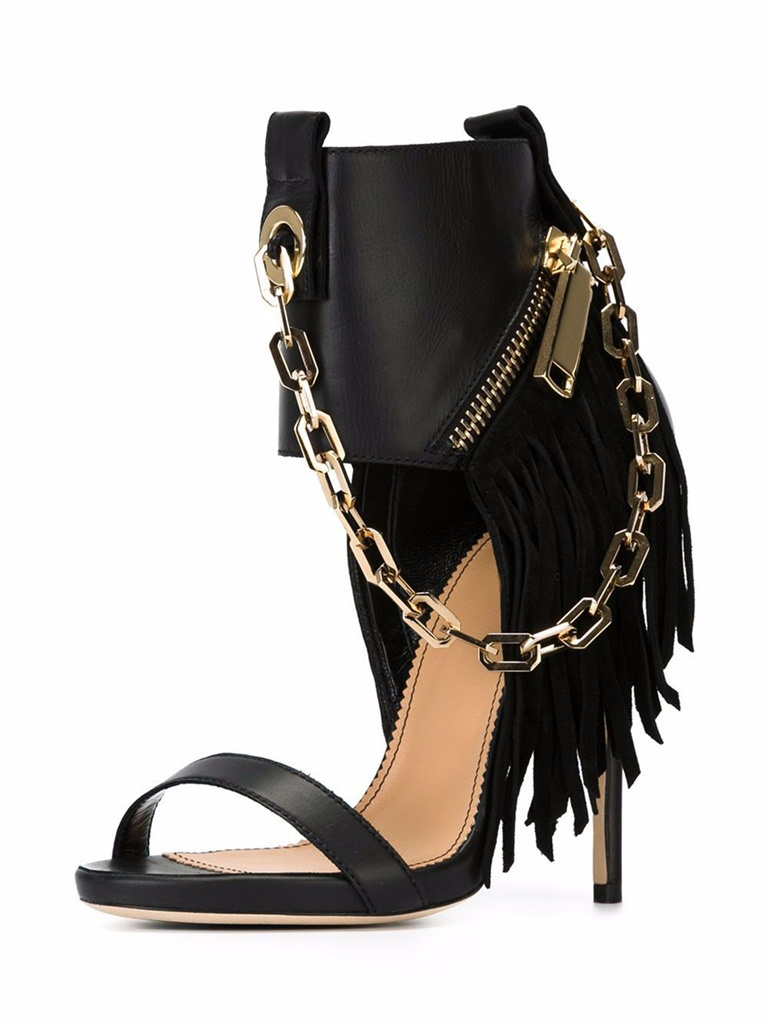 GOOSHOE Black Chain Open Toe Fringe Stiletto Sandals