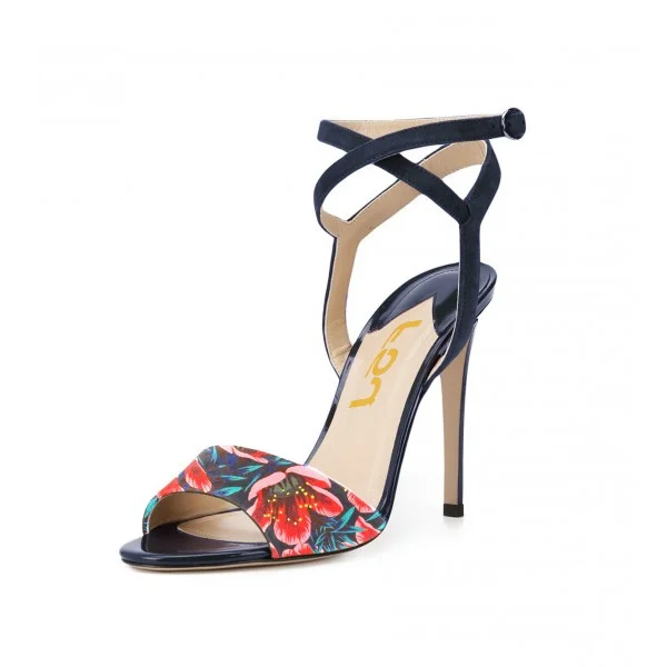Floral Heels Ankle Strap Open Toe Stiletto Heels Sandals |FSJ Shoes
