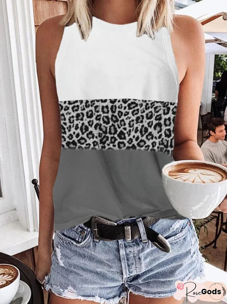 Color Block Leopard Round Neck Sleeveless Tank Tops