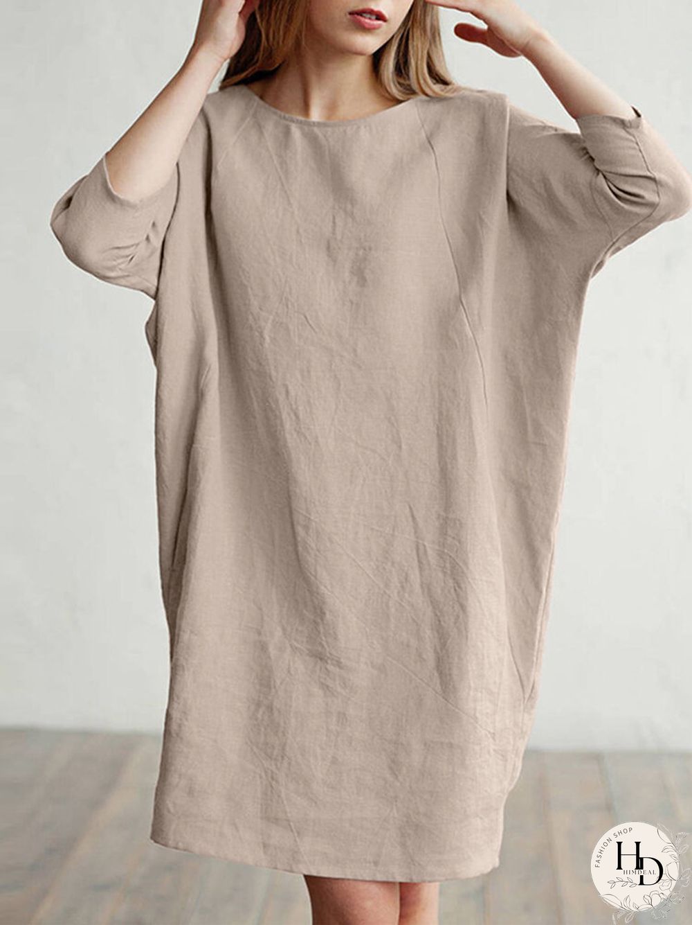 Solid Color 3\/4 Sleeve O-neck Pocket Cotton Dress