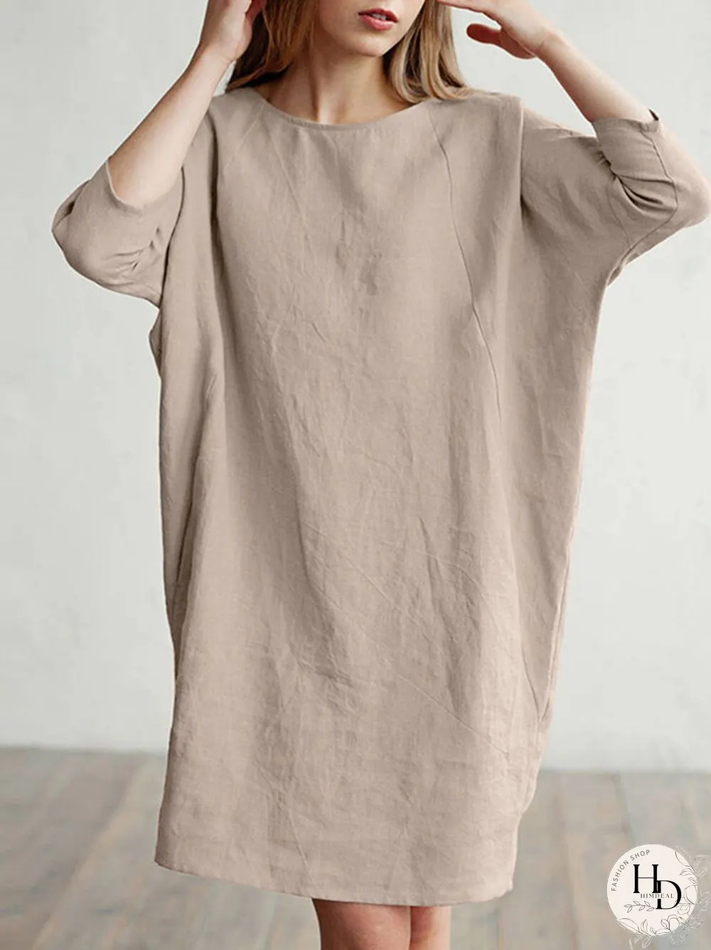 Solid Color 3\/4 Sleeve O-neck Pocket Cotton Dress