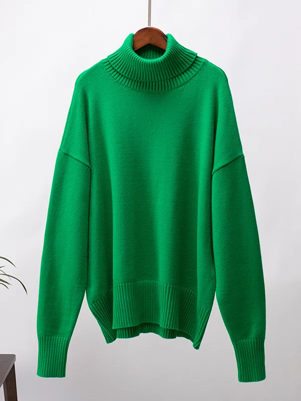 Split-Joint Solid Color Loose Long Sleeves High Neck Sweater Tops