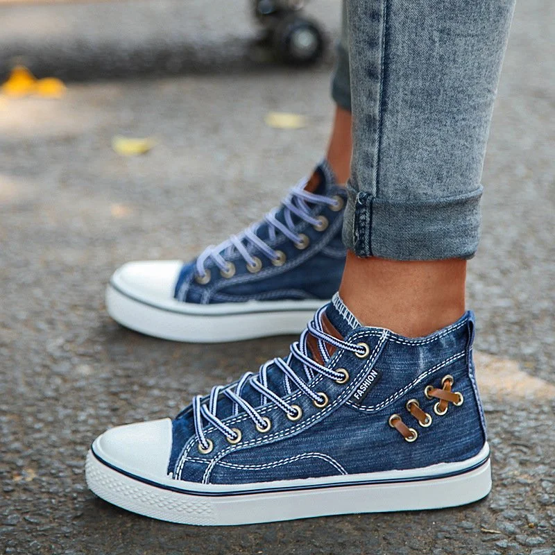 Women‘s Fashion Casual Denim Wear-Resistant High-Top Sneakers - vzzhome