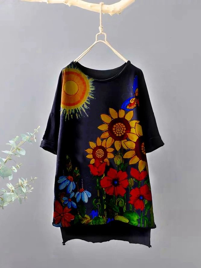 Black Cotton-Blend Floral Short Sleeve Shirts & Tops