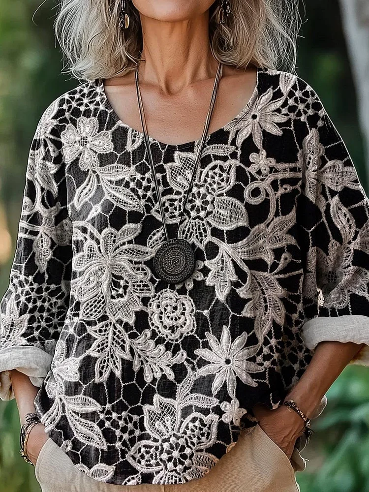 Women's Vintage Lovely Floral Art Print Casual Cotton And Linen Shirt