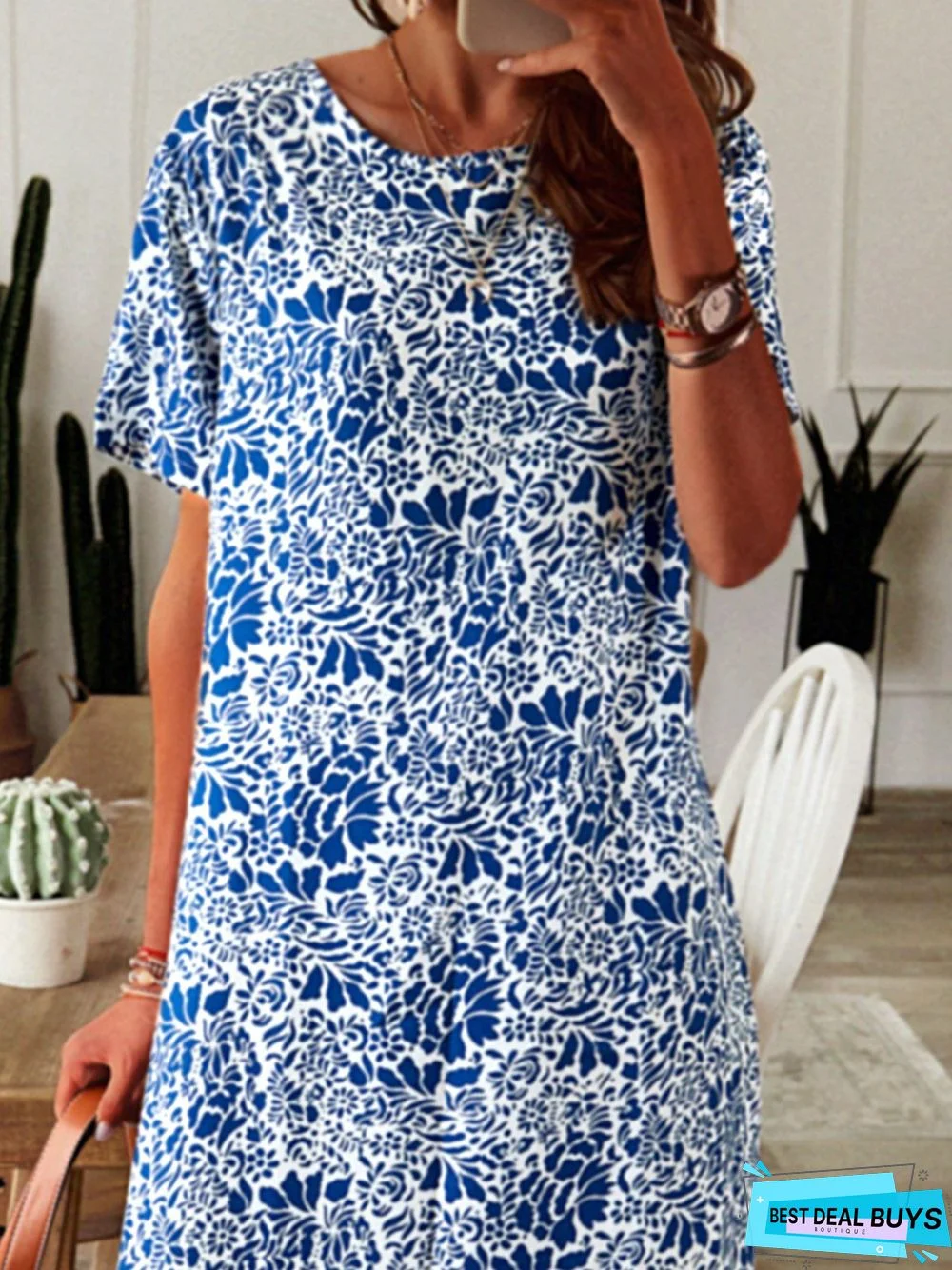 Plus size Printed Short Sleeve Weaving Dress