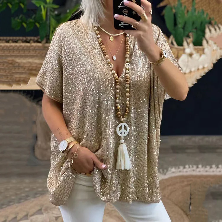 Fashionable V-Neck Sequin Loose Short Sleeved T-Shirt