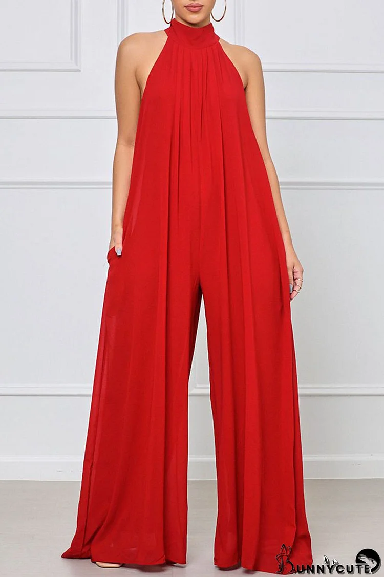 Red Elegant Solid Patchwork Halter Straight Jumpsuits