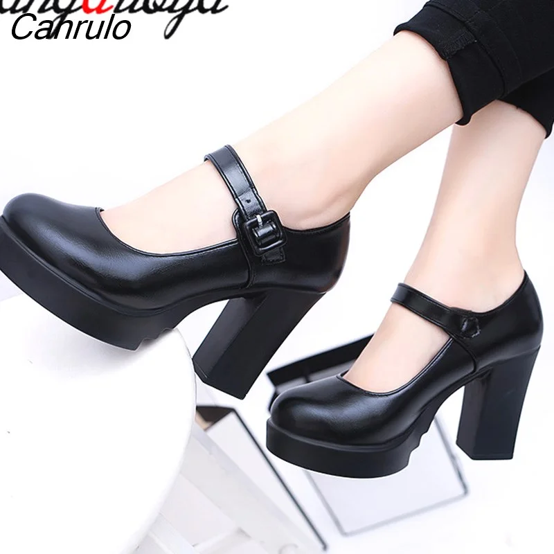Canrulo Women's shoes on Heels Women Platform Pumps Spring Summer Shallow Mouth Buckle Strap Shoes Round Toe Shoes for Women high heels