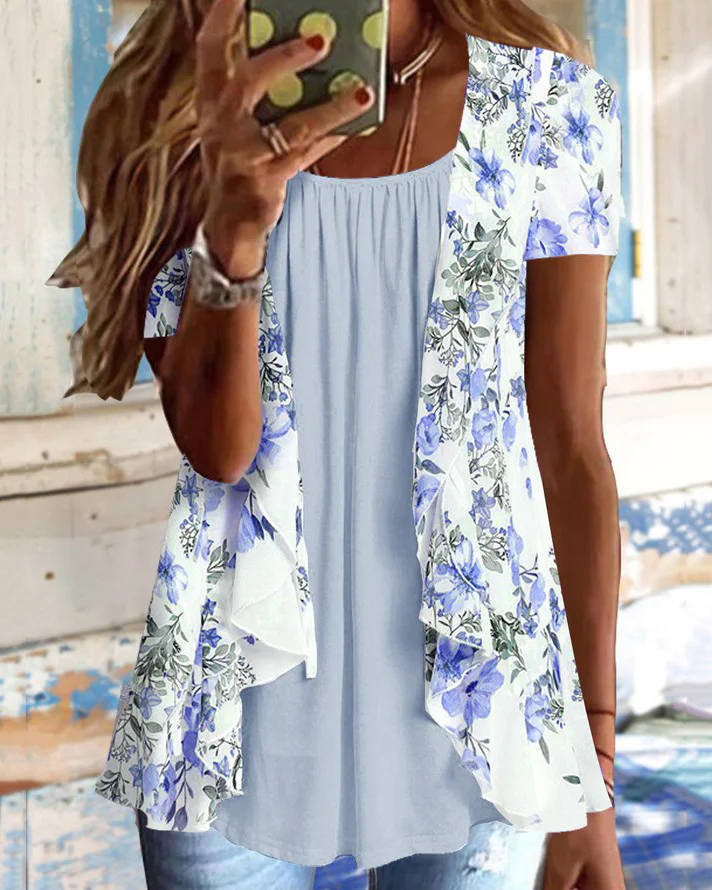 Casual Round Neck Flower Print Short Sleeve Tunic Tops