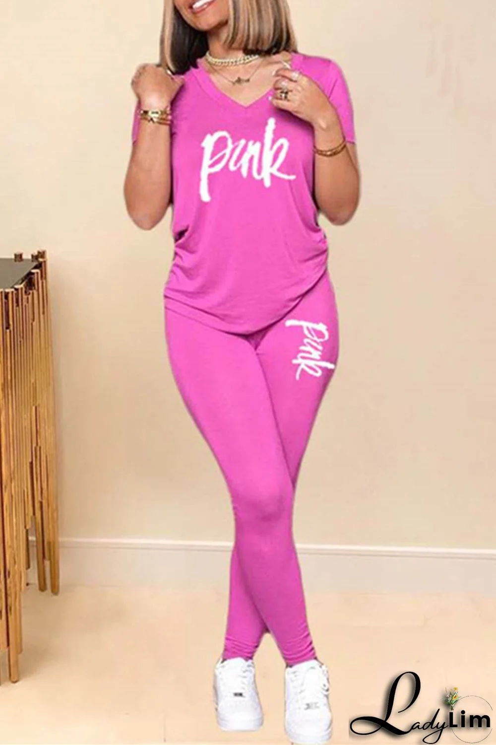 Red Fashion Casual Letter Print Basic V Neck Short Sleeve Two Pieces