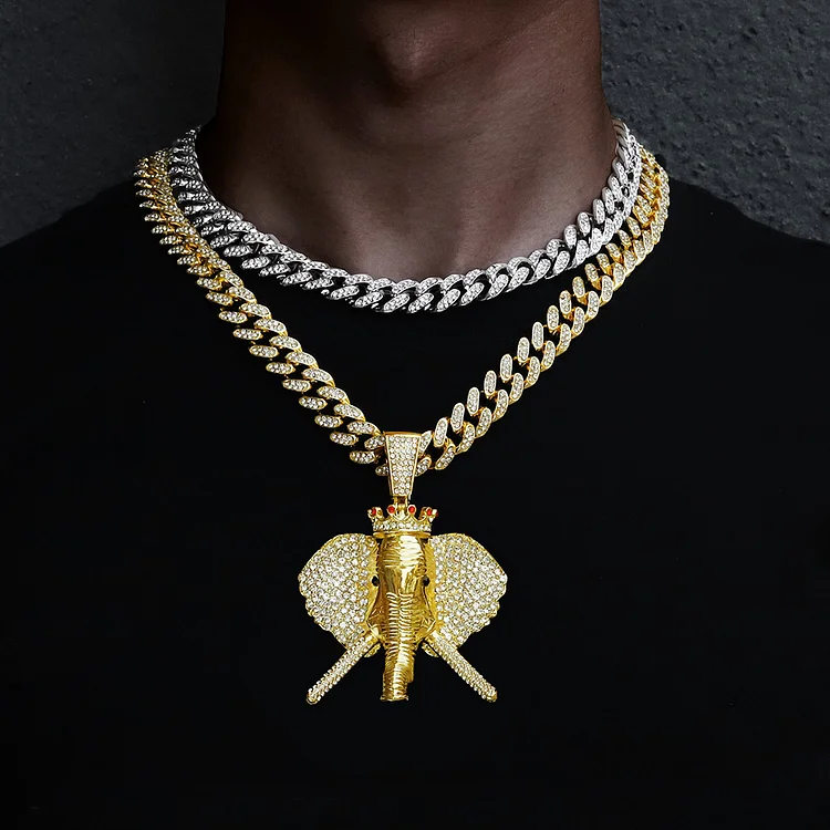 Iced Out Big Elephant Pendant with Miami Cuban Chain Necklace