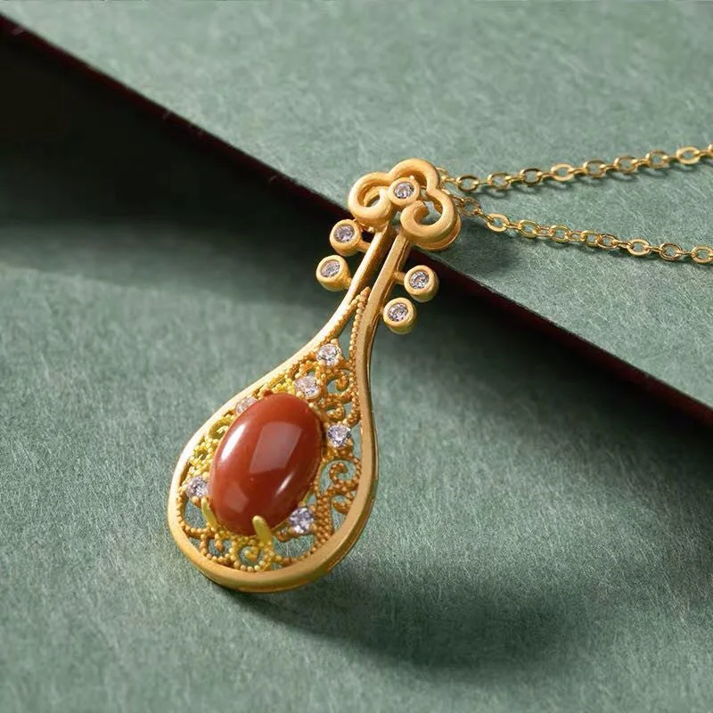 Natural Red Agate Lute Friendship Peace Pendant Chain Lucky necklace