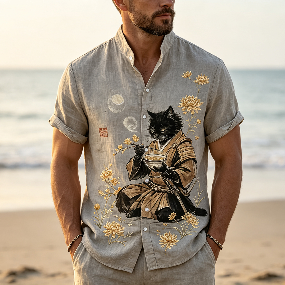 Men's Cotton And Linen Short-sleeved Stand-up Collar Shirt, Decorated With Samurai Cat And Gold Chrysanthemum Patterns.  artssus