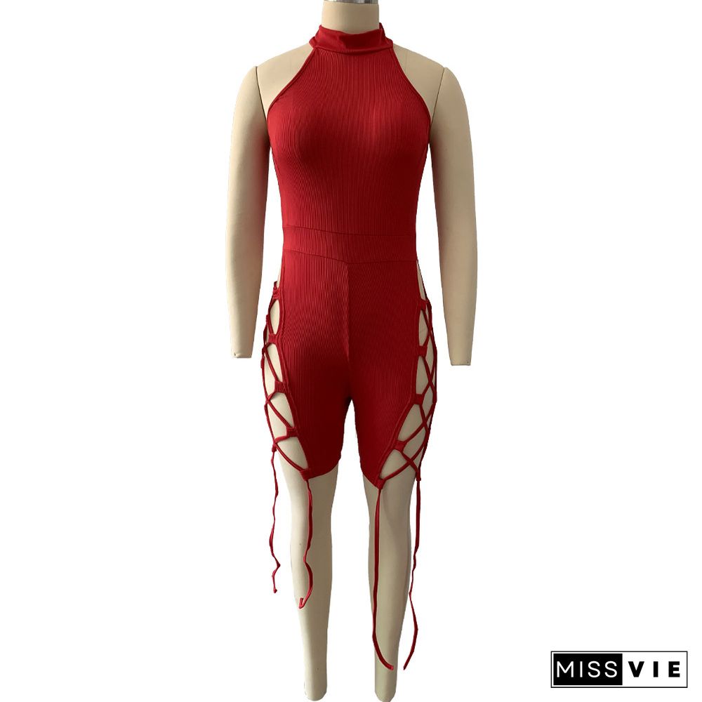 Hot Style Summer Women Solid Color Sleeveless Halter Hollow Out O-Neck Night Club Party Bandage Rompers