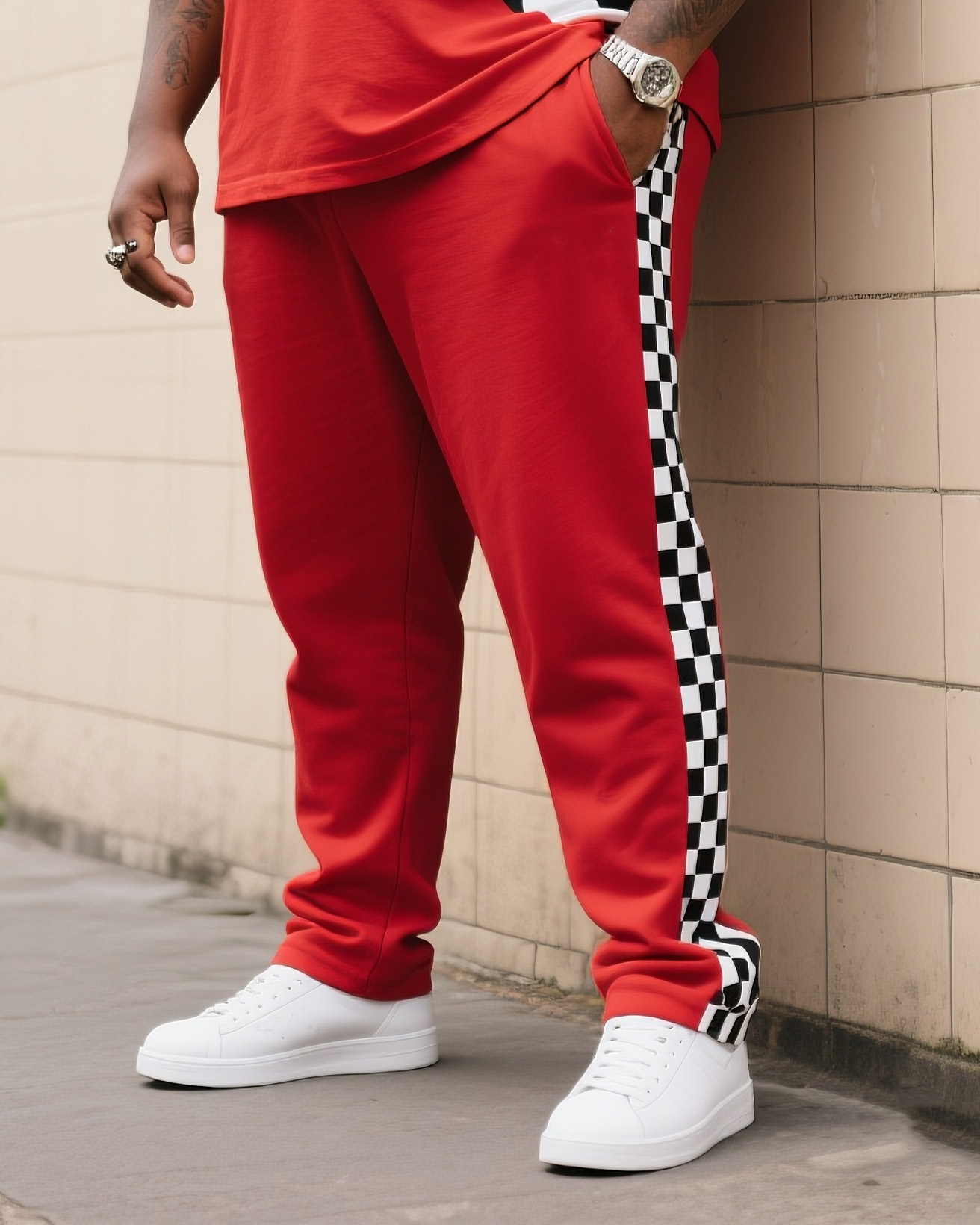 Big Boy Daily Casual Fox Red Chessboard Black And White Plaid Irregular Round Neck Short Sleeve T-Shirt Trousers Suit