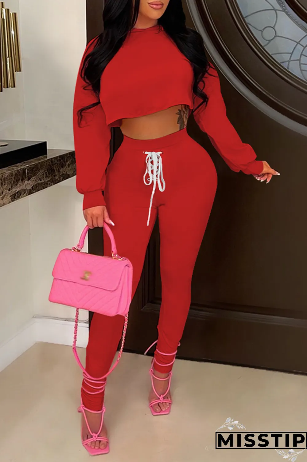 Orange Casual Solid Draw String O Neck Long Sleeve Two Pieces