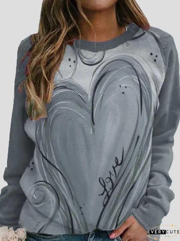 Round Neck Heart-Shaped Print Long Sleeve T-Shirt