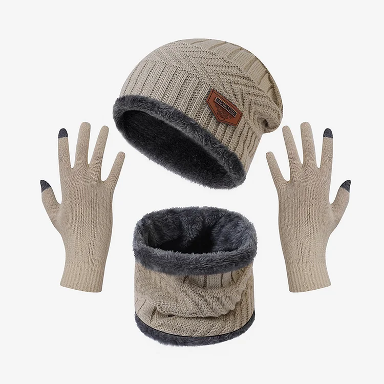 Casual Plain Thickened Knit Hat & Scarves & Gloves 3Pcs Set