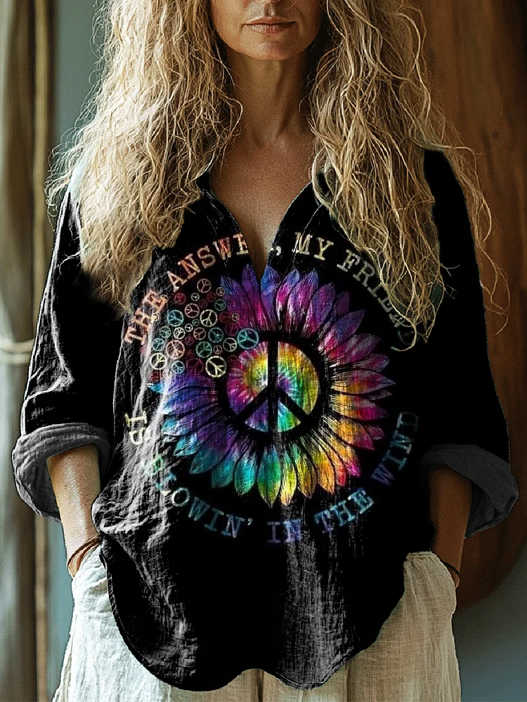 Women's Colorful Daisy Hippie Graphic Art Print Casual Linen V Neck Shirt